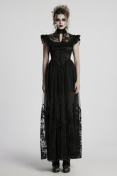 Black Stand Collar Hollow Embroidery Flocking Mesh Women's Gothic Formal Dress